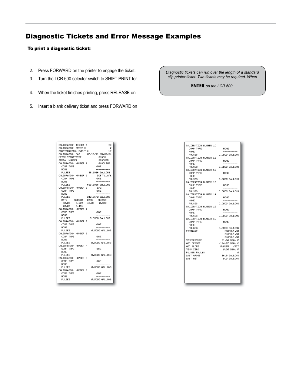 Diagnostics - diagnostic ticket, Diagnostic tickets and error message examples | Liquid Controls LCR 600 Setup & Op User Manual | Page 61 / 68