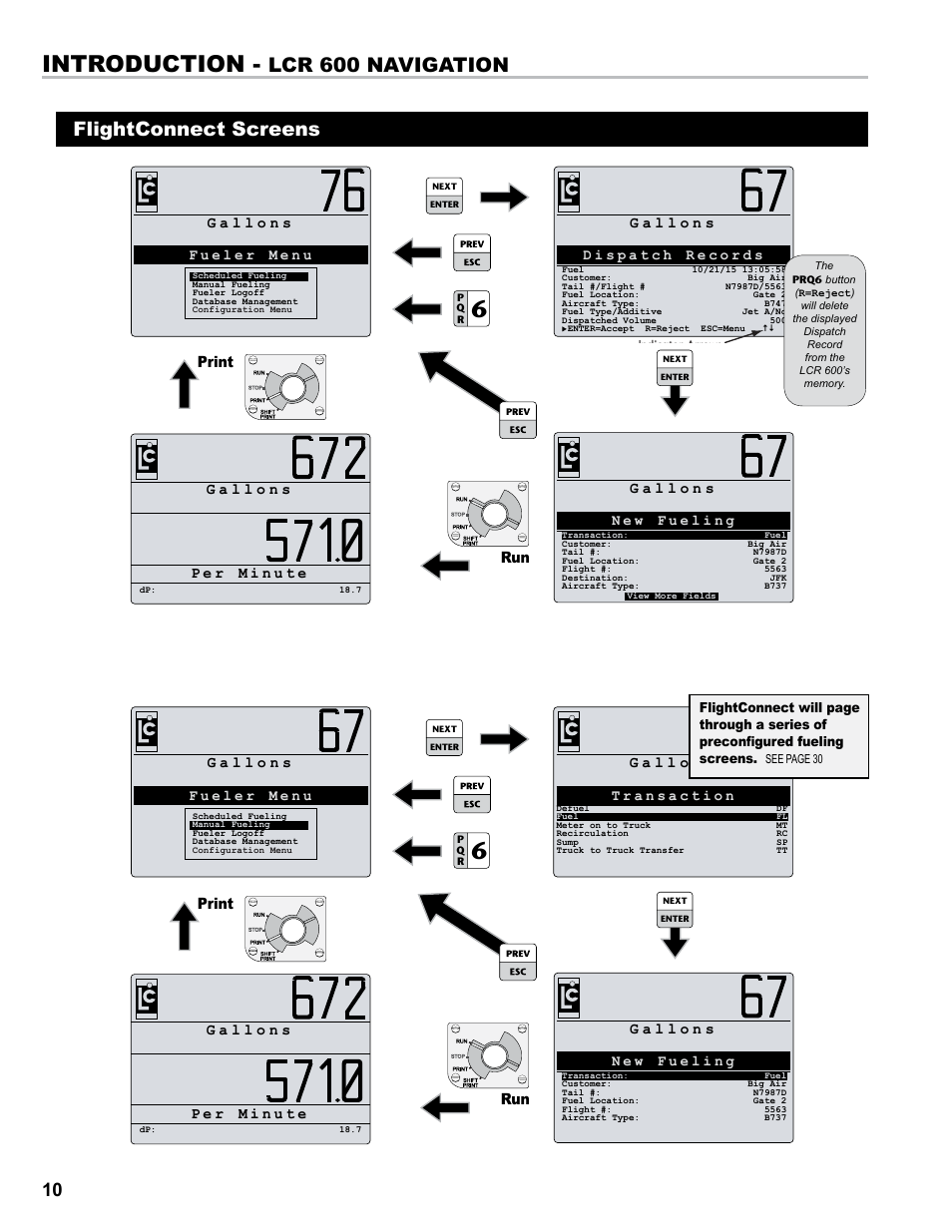 Introduction, Lcr 600 navigation, Flightconnect screens | Print | Liquid Controls FlightConnect 600 User Manual | Page 10 / 52