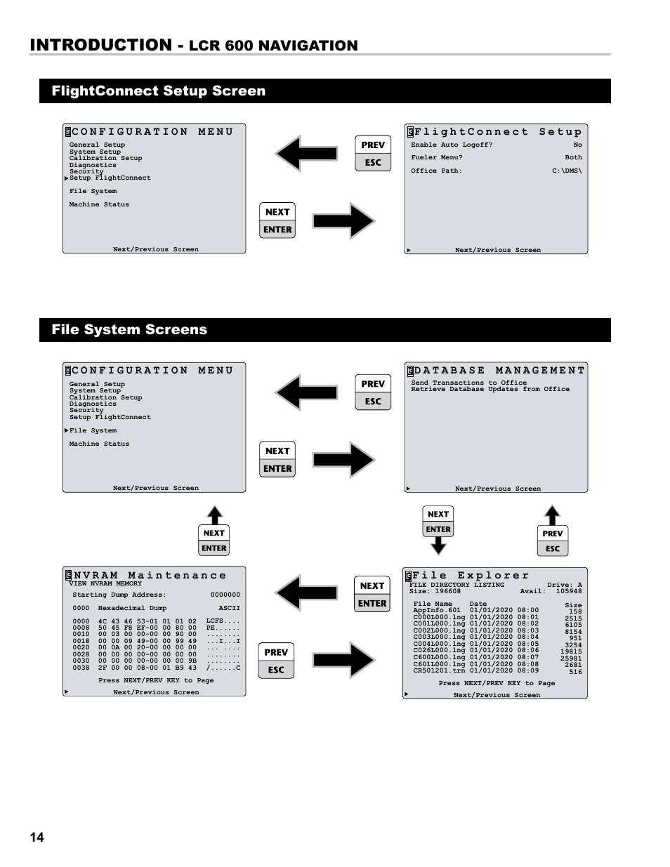 Introduction, Lcr 600 navigation, File system screens | Flightconnect setup screen | Liquid Controls FlightConnect 600 User Manual | Page 14 / 52