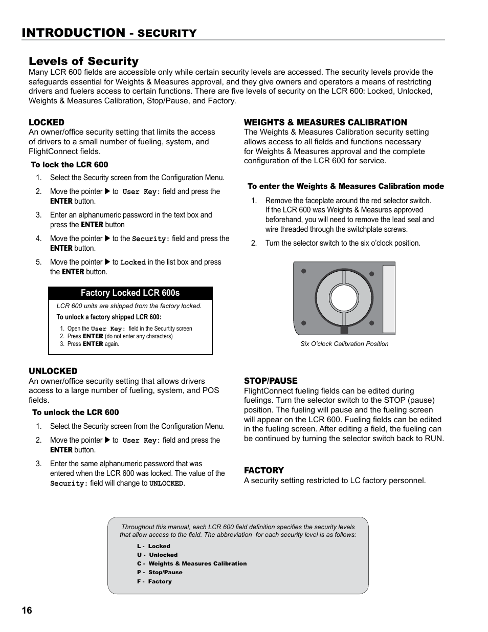 Introduction, Levels of security, Security | Liquid Controls FlightConnect 600 User Manual | Page 16 / 52