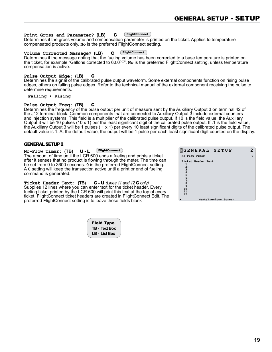 Setup, General setup | Liquid Controls FlightConnect 600 User Manual | Page 19 / 52