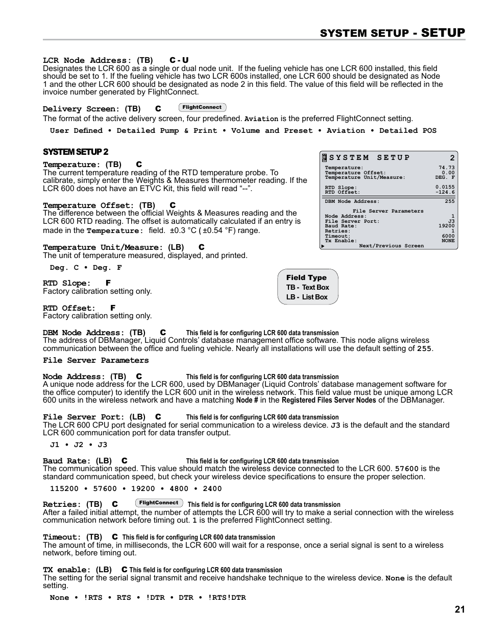 Setup, System setup | Liquid Controls FlightConnect 600 User Manual | Page 21 / 52