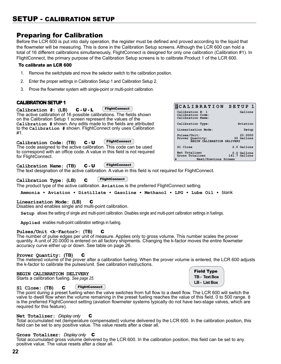 Setup, Preparing for calibration, Calibration setup | Liquid Controls FlightConnect 600 User Manual | Page 22 / 52