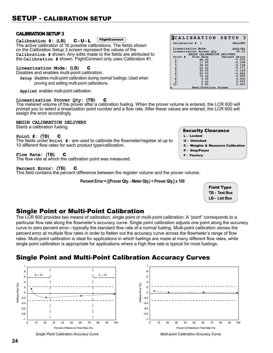 Setup, Single point or multi-point calibration, Calibration setup | Calibration setup 3 calibration, Linearization mode, Linearization prover qty, Begin calibration delivery, Point, Flow rate, Percent error | Liquid Controls FlightConnect 600 User Manual | Page 24 / 52