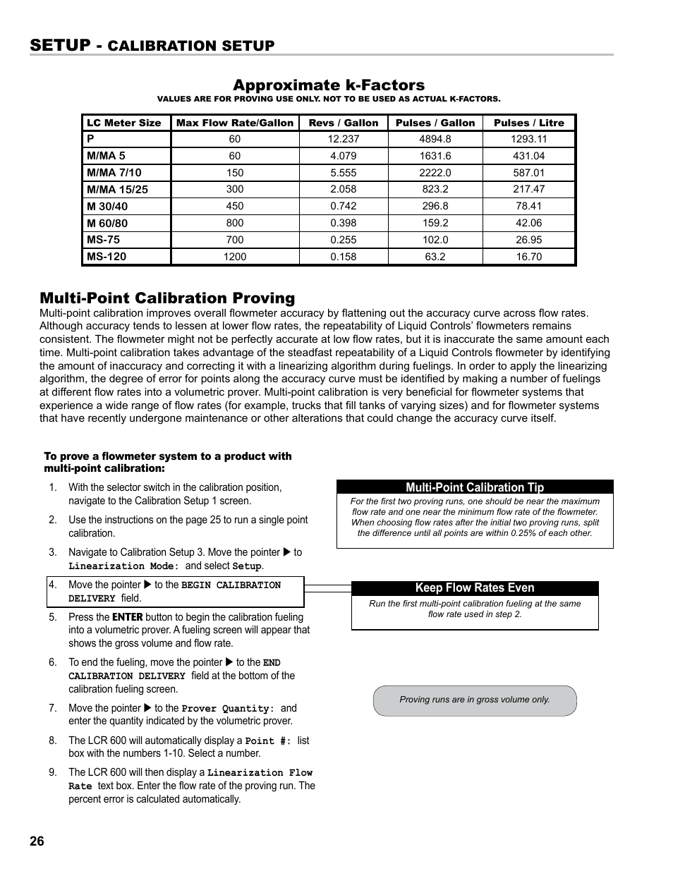 Setup, Approximate k-factors, Multi-point calibration proving | Calibration setup | Liquid Controls FlightConnect 600 User Manual | Page 26 / 52