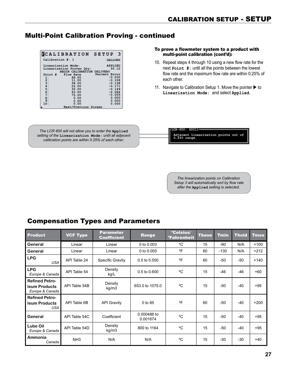 Setup, Multi-point calibration proving - continued, Compensation types and parameters | Calibration setup | Liquid Controls FlightConnect 600 User Manual | Page 27 / 52