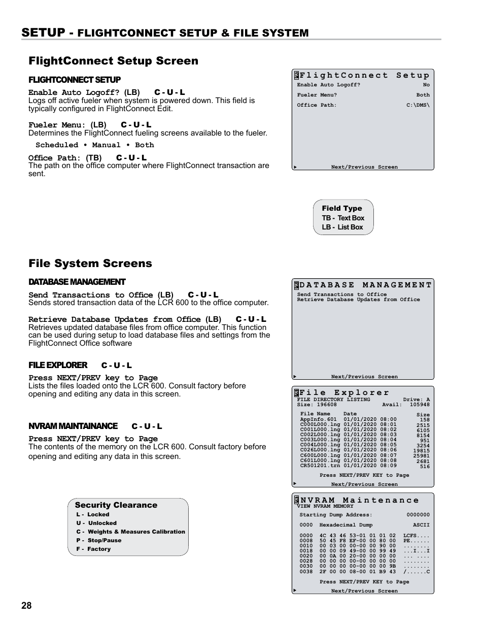 Setup, Flightconnect setup screen, File system screens | Flightconnect setup & file system, Flightconnect setup enable auto logoff, Fueler menu, Office path, Database management send transactions to office, Retrieve database updates from office, File explorer | Liquid Controls FlightConnect 600 User Manual | Page 28 / 52
