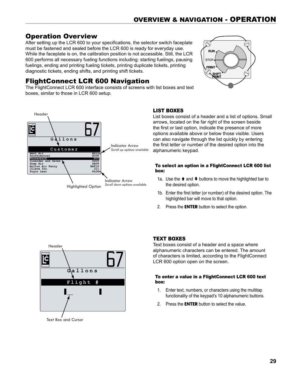 Operation, Operation overview, Flightconnect lcr 600 navigation | Overview & navigation | Liquid Controls FlightConnect 600 User Manual | Page 29 / 52