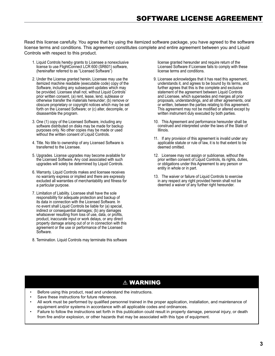 Software license agreement, Warning | Liquid Controls FlightConnect 600 User Manual | Page 3 / 52