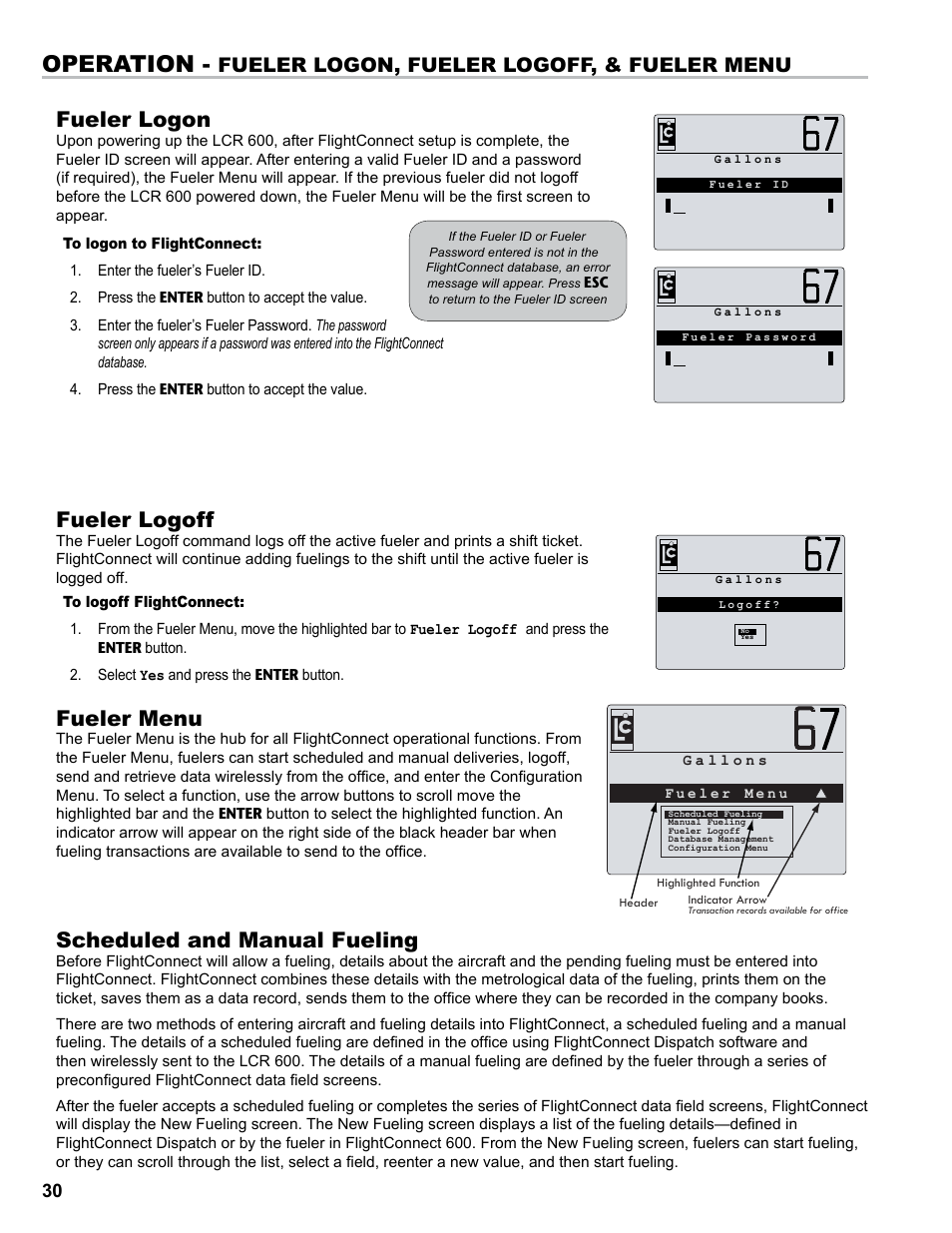 Operation, Fueler logon, Scheduled and manual fueling | Fueler menu, Fueler logoff, Fueler logon, fueler logoff, & fueler menu | Liquid Controls FlightConnect 600 User Manual | Page 30 / 52
