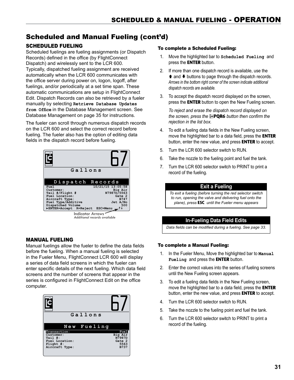 Operation, Scheduled and manual fueling (cont’d), Scheduled & manual fueling | Manual fueling, Scheduled fueling, In-fueling data field edits | Liquid Controls FlightConnect 600 User Manual | Page 31 / 52