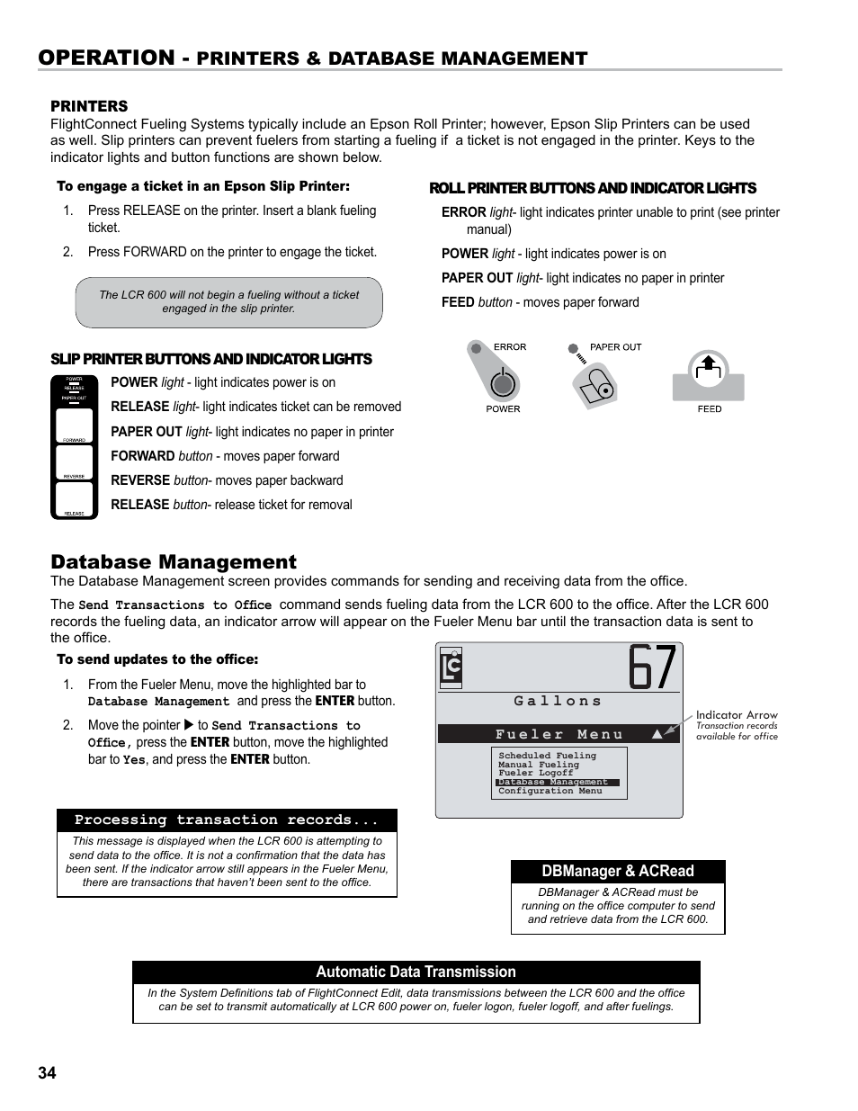 Operation, Database management, Printers & database management | Liquid Controls FlightConnect 600 User Manual | Page 34 / 52