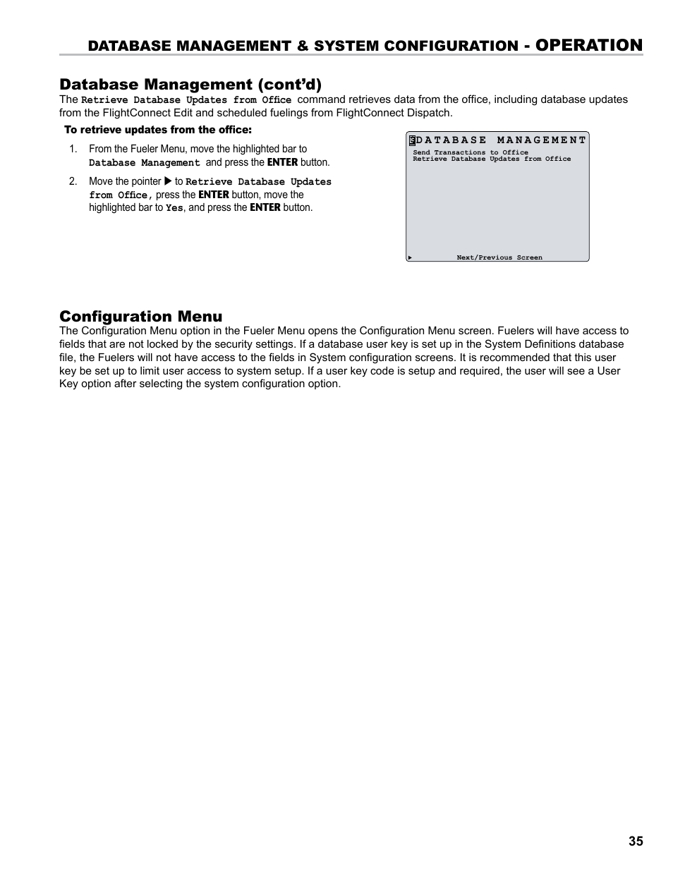 Operation, Configuration menu, Database management (cont’d) | Database management & system configuration | Liquid Controls FlightConnect 600 User Manual | Page 35 / 52