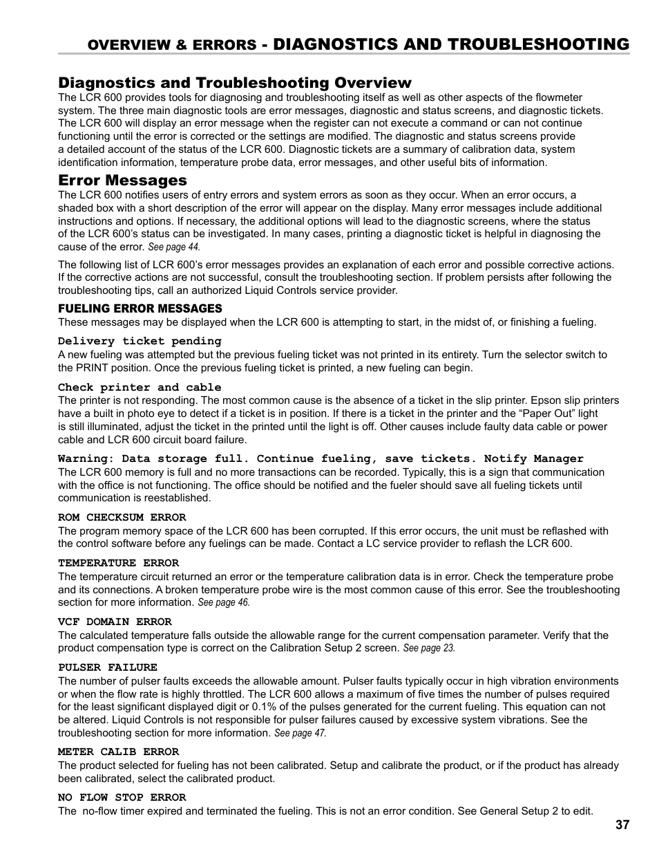 Diagnostics and troubleshooting, Diagnostics and troubleshooting overview, Error messages | Overview & errors | Liquid Controls FlightConnect 600 User Manual | Page 37 / 52