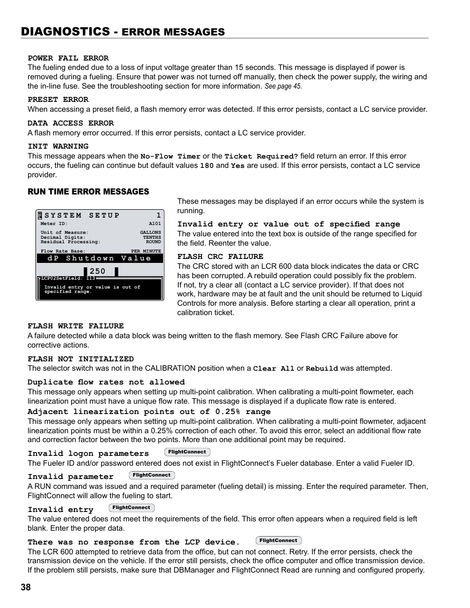 Diagnostics, Error messages | Liquid Controls FlightConnect 600 User Manual | Page 38 / 52
