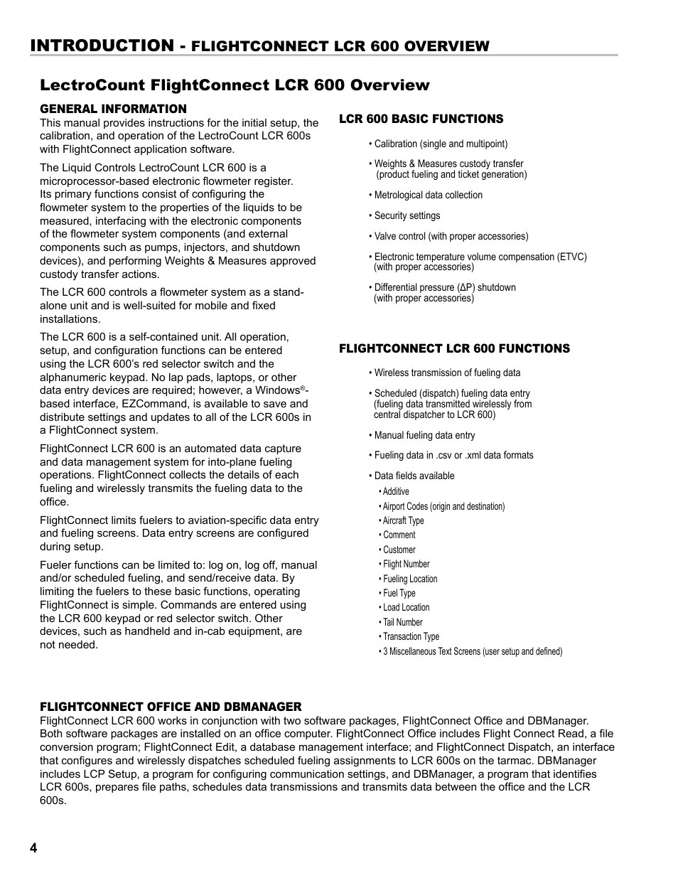 Introduction, Lectrocount flightconnect lcr 600 overview, Flightconnect lcr 600 overview | Liquid Controls FlightConnect 600 User Manual | Page 4 / 52
