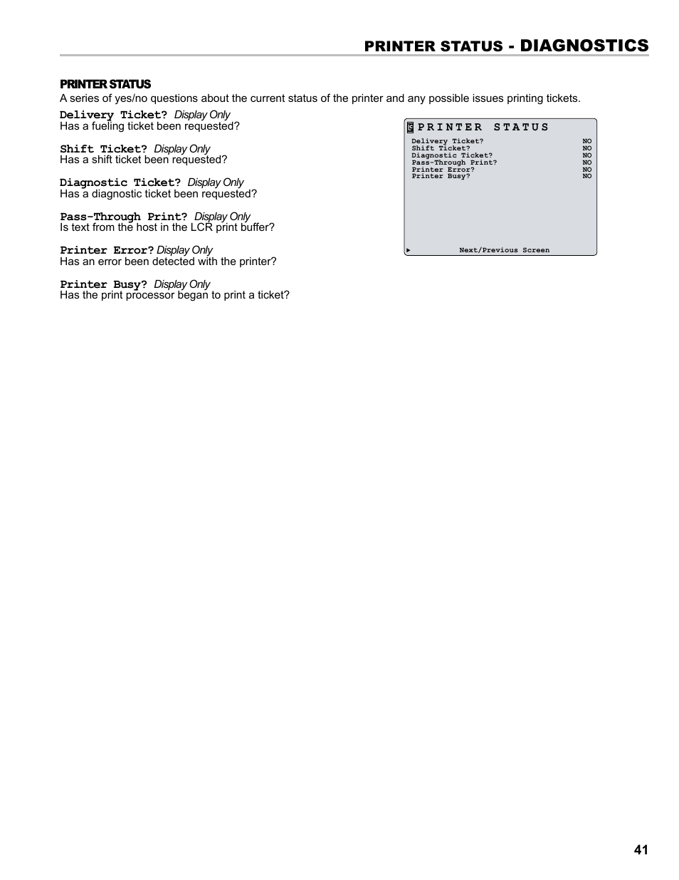 Diagnostics, Printer status | Liquid Controls FlightConnect 600 User Manual | Page 41 / 52