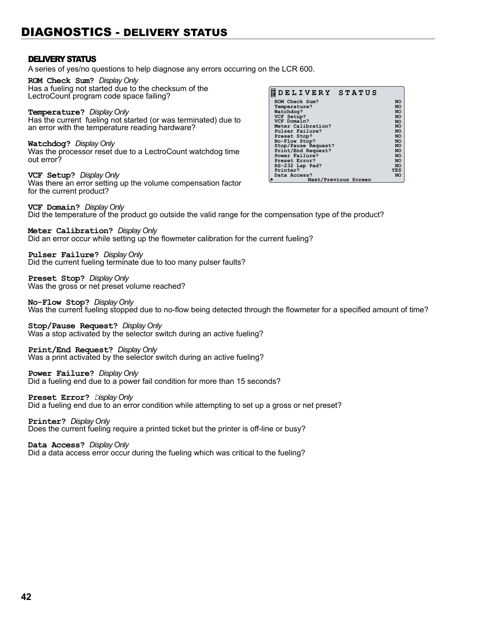 Diagnostics, Delivery status | Liquid Controls FlightConnect 600 User Manual | Page 42 / 52