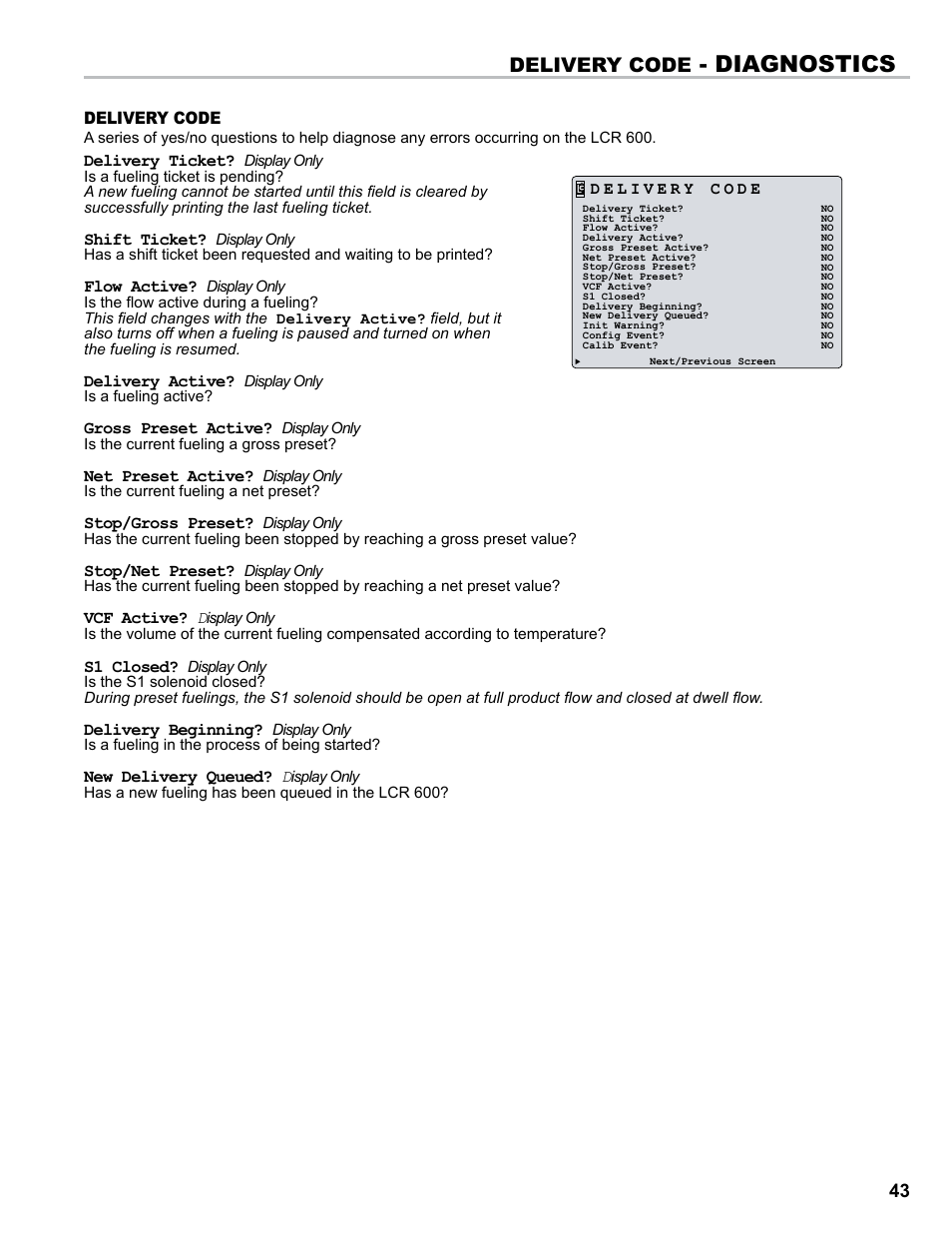 Diagnostics, Delivery code | Liquid Controls FlightConnect 600 User Manual | Page 43 / 52