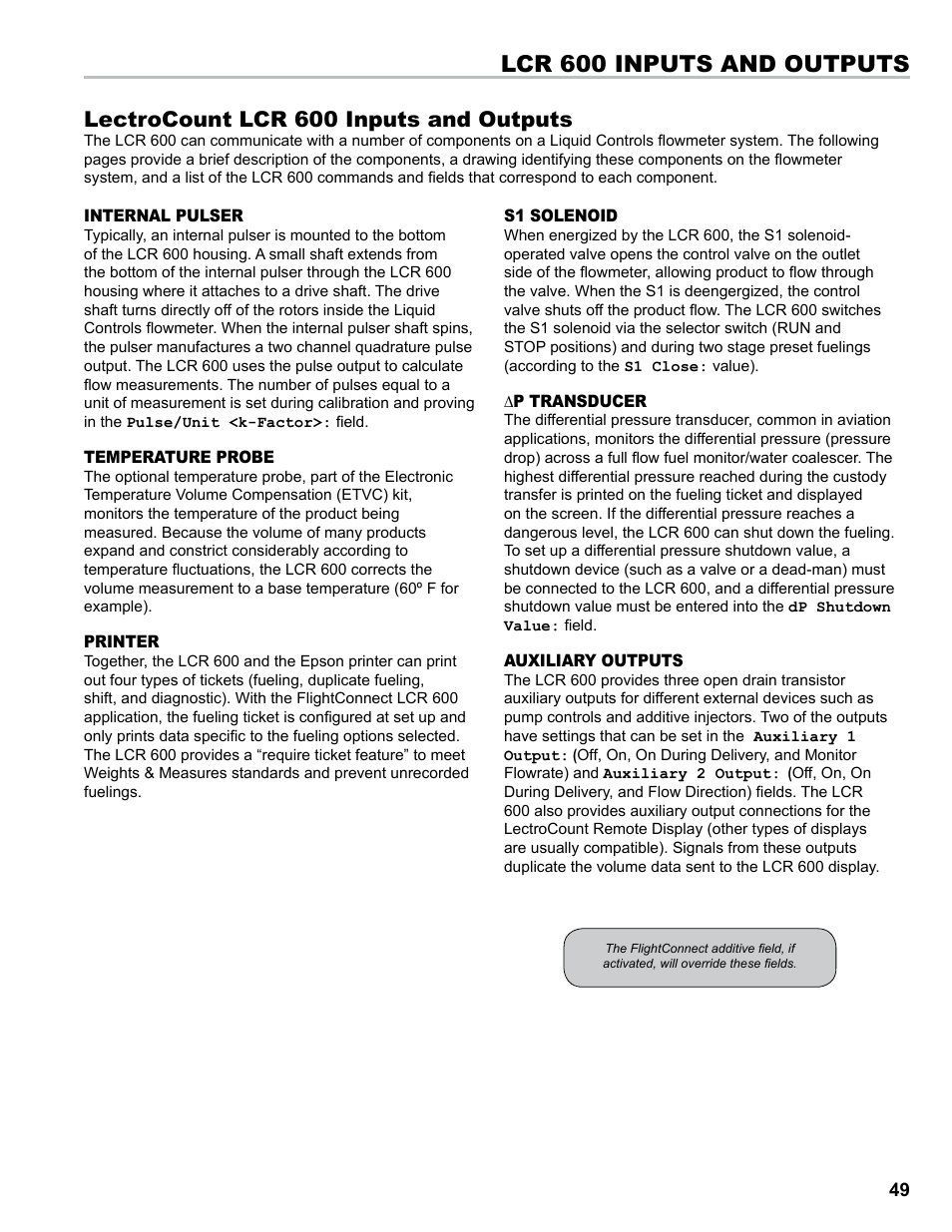 Lcr 600 inputs and outputs, Lectrocount lcr 600 inputs and outputs | Liquid Controls FlightConnect 600 User Manual | Page 49 / 52