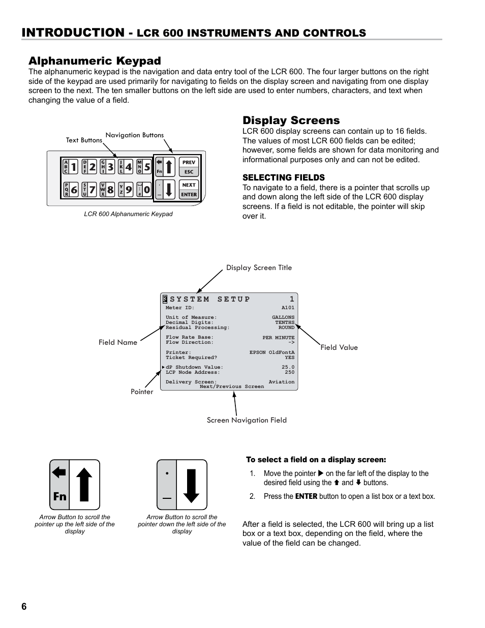 Introduction, Alphanumeric keypad, Display screens | Lcr 600 instruments and controls, Selecting fields | Liquid Controls FlightConnect 600 User Manual | Page 6 / 52