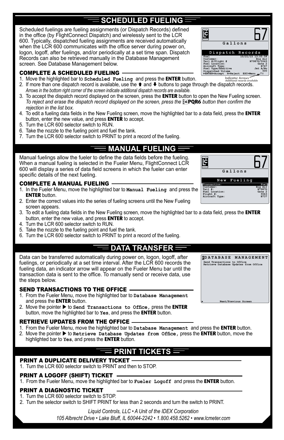 Print tickets, Scheduled fueling manual fueling, Data transfer | Print a duplicate delivery ticket, Print a logoff (shift) ticket, Print a diagnostic ticket, Complete a scheduled fueling, Complete a manual fueling, Retrieve updates from the office, Send transactions to the office | Liquid Controls FlightConnect 600 QR User Manual | Page 2 / 2