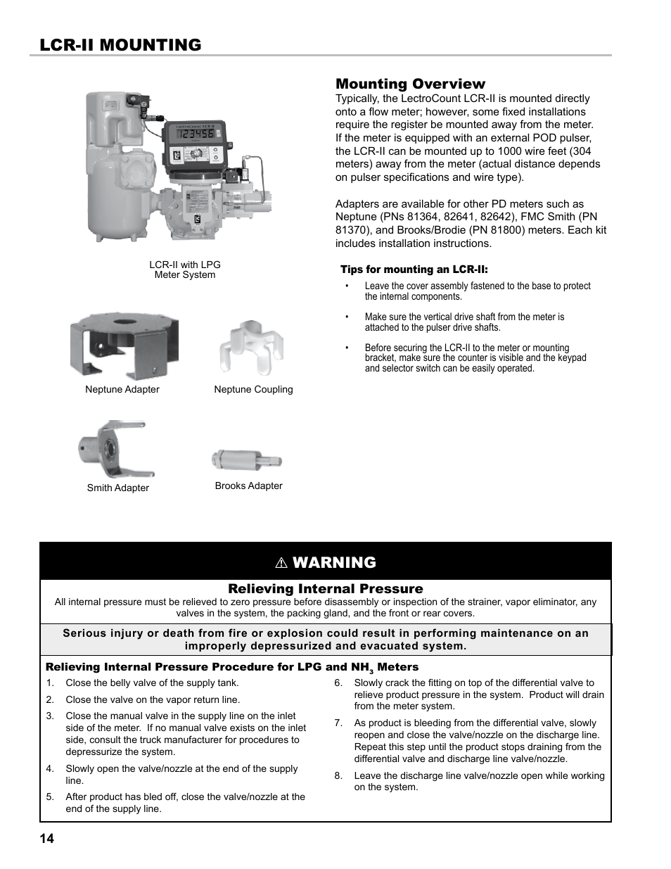 Lcr-ii mounting, Warning, Mounting overview | Liquid Controls LCR-II Installation E3655-E3656 User Manual | Page 14 / 36