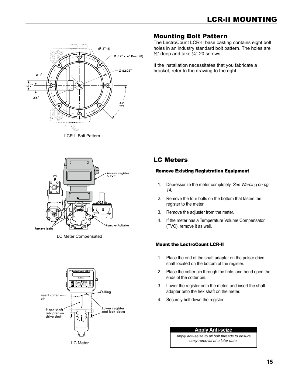 Lcr-ii mounting, Mounting bolt pattern, Lc meters | Liquid Controls LCR-II Installation E3655-E3656 User Manual | Page 15 / 36