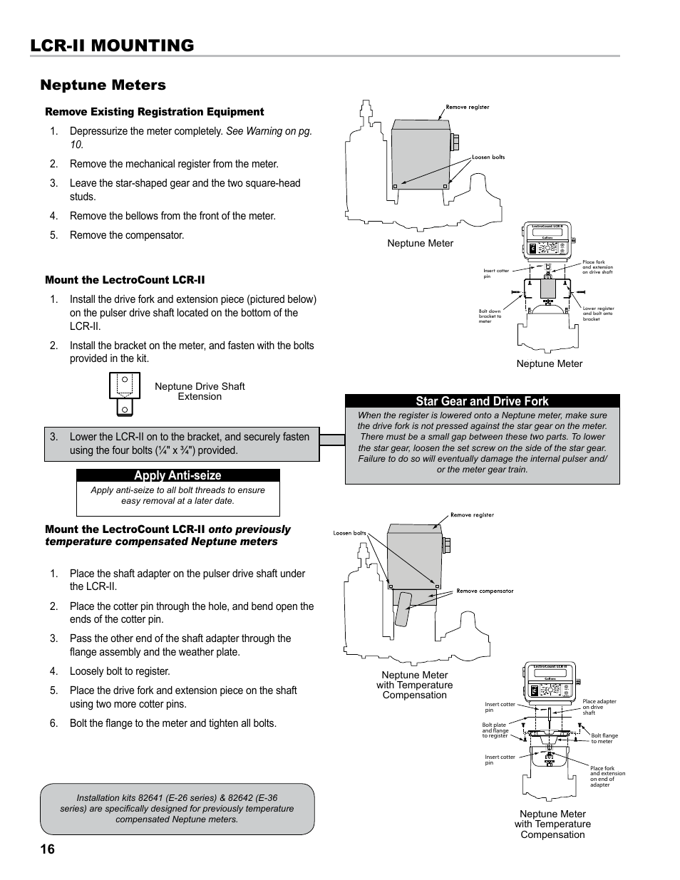 Lcr-ii mounting, Neptune meters, Apply anti-seize | Star gear and drive fork | Liquid Controls LCR-II Installation E3655-E3656 User Manual | Page 16 / 36