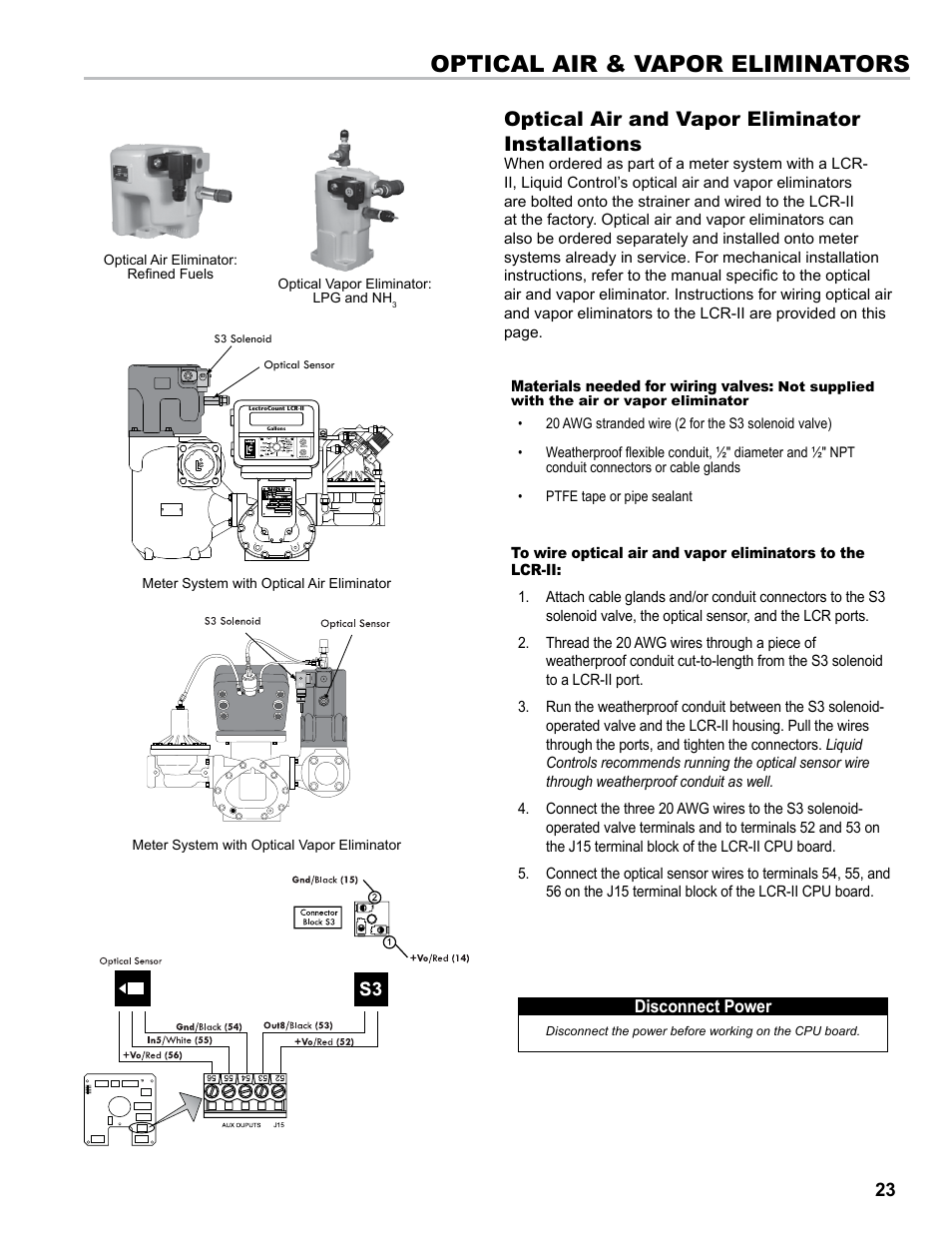 Optical air & vapor eliminators, Optical air and vapor eliminator installations | Liquid Controls LCR-II Installation E3655-E3656 User Manual | Page 23 / 36