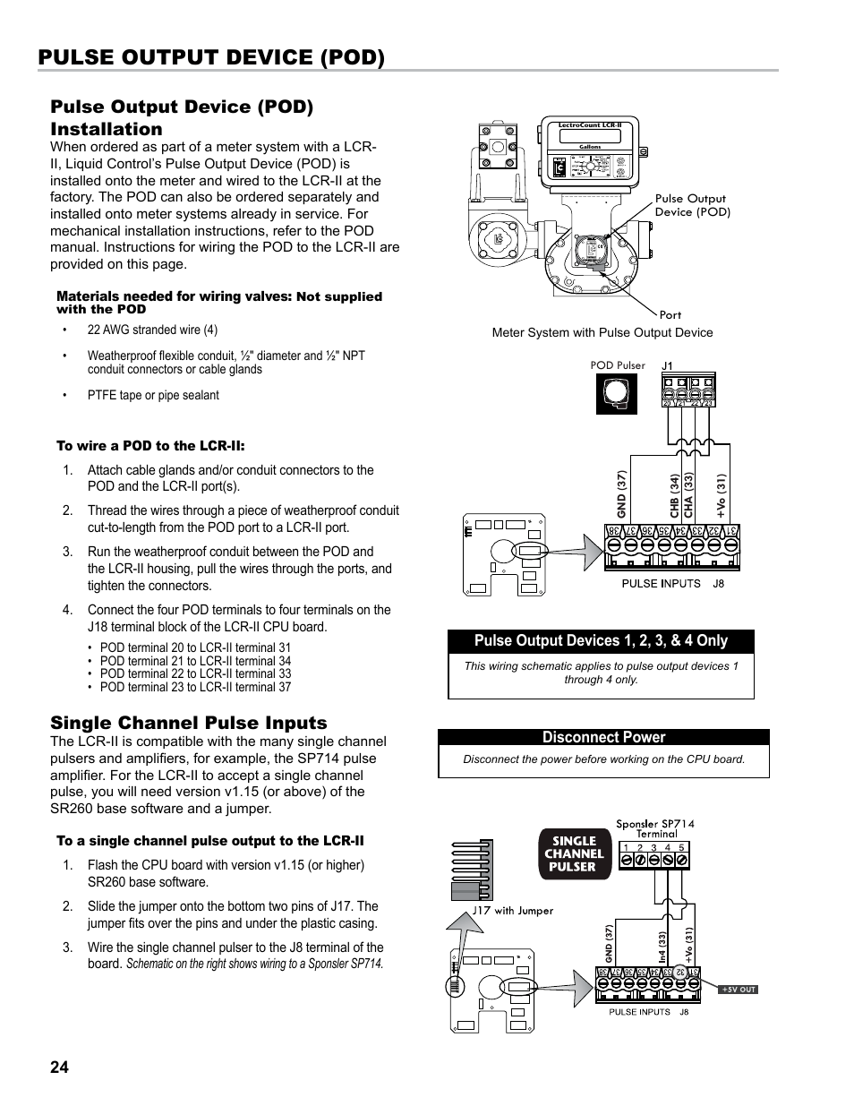 Pulse output device (pod), Pulse output device (pod) installation, Single channel pulse inputs | Liquid Controls LCR-II Installation E3655-E3656 User Manual | Page 24 / 36