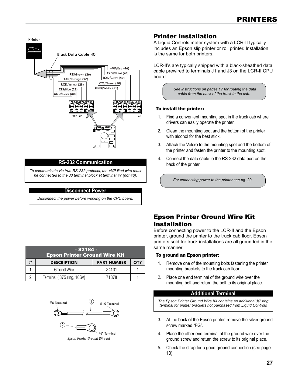 Printers, Printer installation, Epson printer ground wire kit installation | Liquid Controls LCR-II Installation E3655-E3656 User Manual | Page 27 / 36