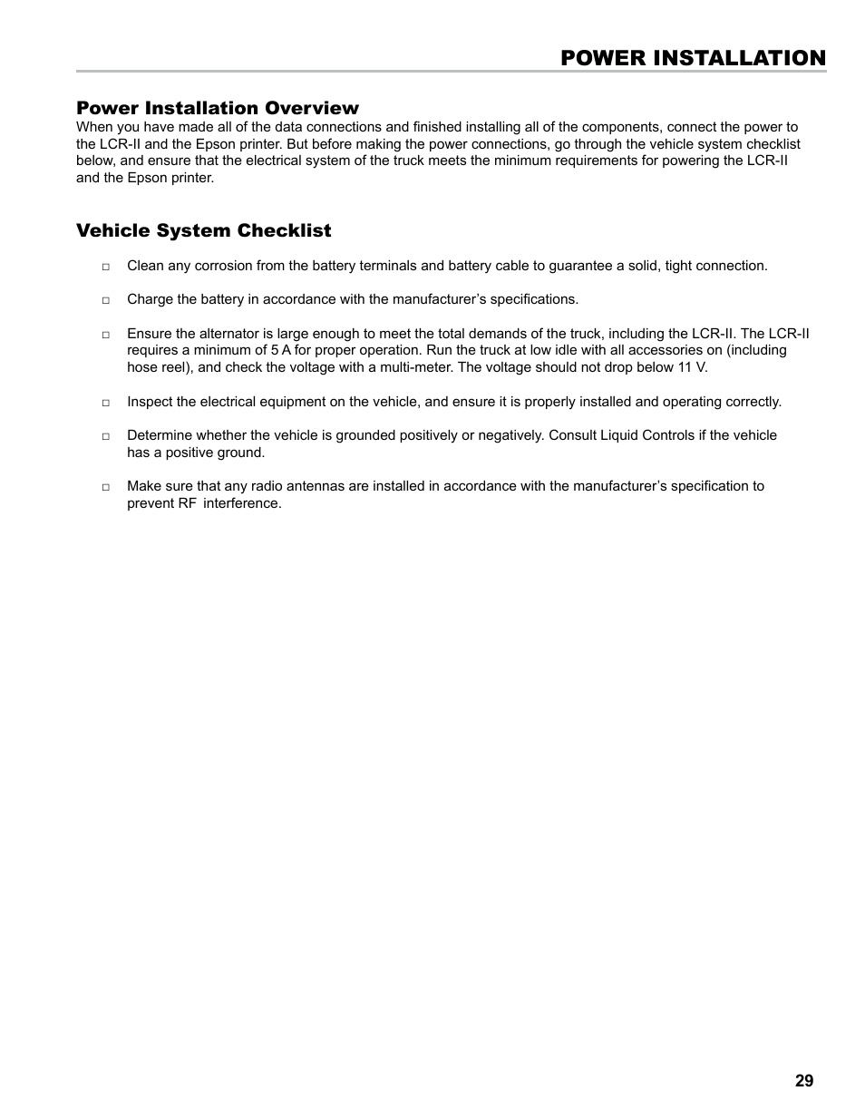 Power installation, Power installation overview, Vehicle system checklist | Liquid Controls LCR-II Installation E3655-E3656 User Manual | Page 29 / 36