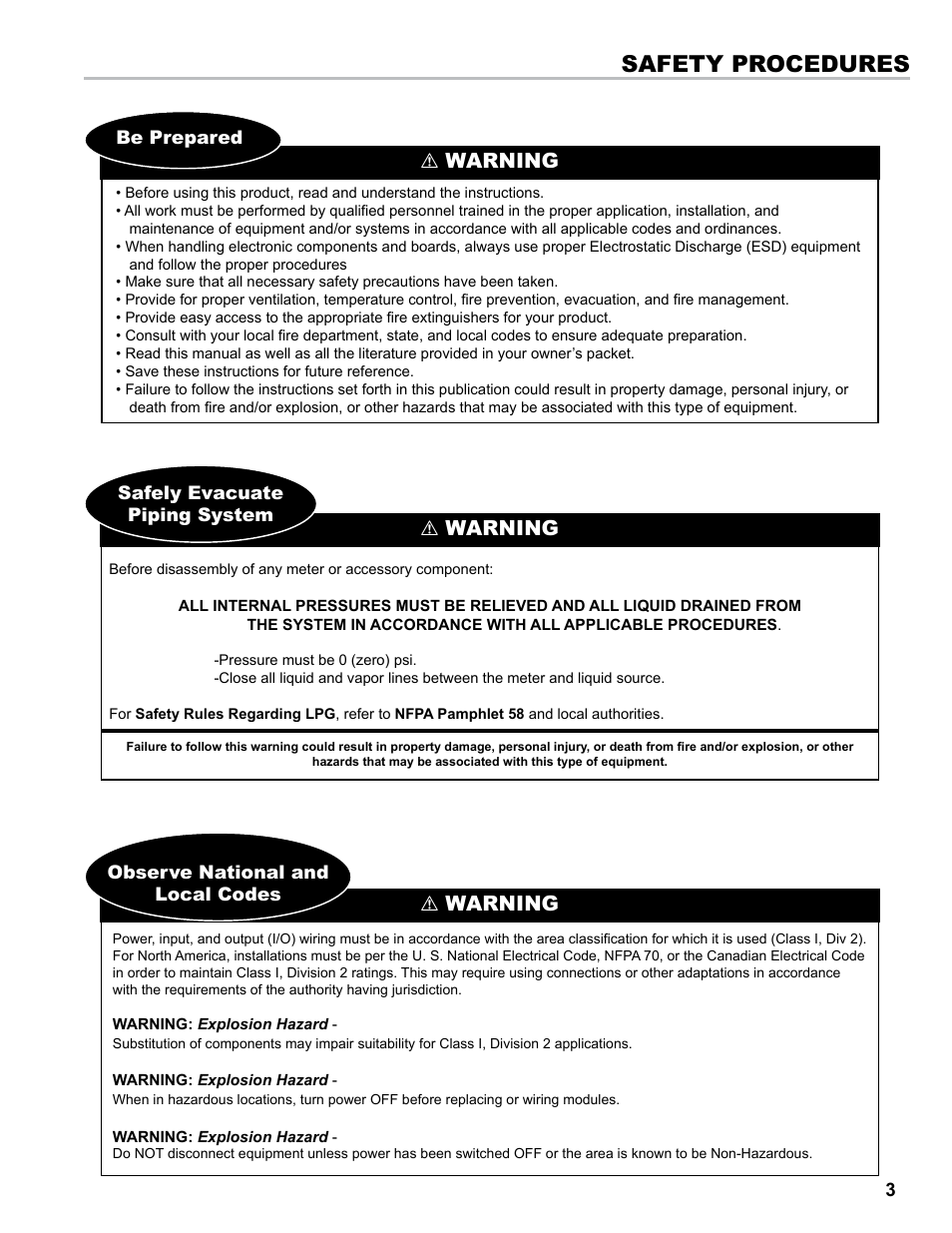 Safety procedures, Warning | Liquid Controls LCR-II Installation E3655-E3656 User Manual | Page 3 / 36