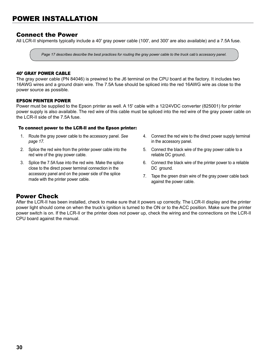 Power installation, Connect the power, Power check | Liquid Controls LCR-II Installation E3655-E3656 User Manual | Page 30 / 36