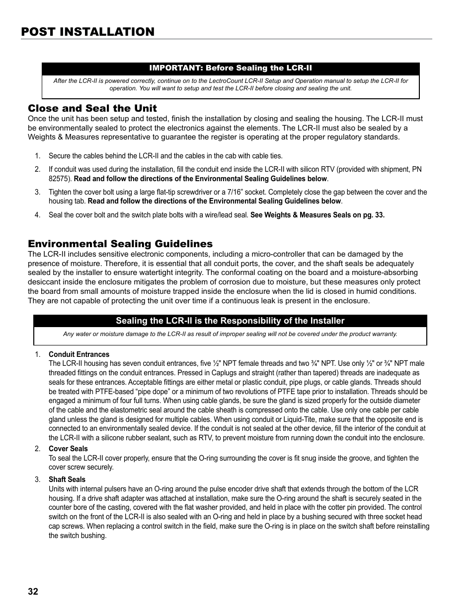 Post installation, Environmental sealing guidelines, Close and seal the unit | Liquid Controls LCR-II Installation E3655-E3656 User Manual | Page 32 / 36