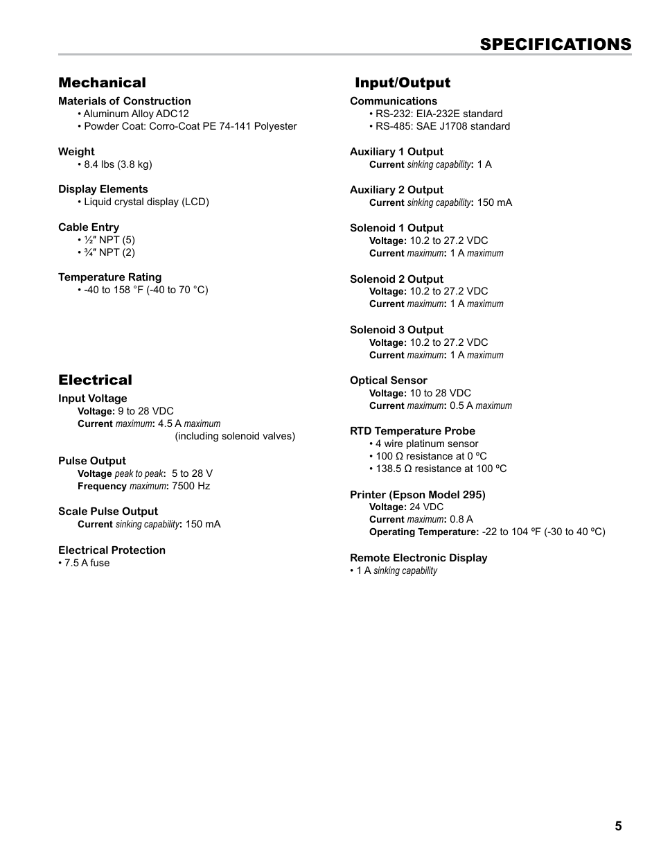 Specifications, Mechanical input/output, Electrical | Liquid Controls LCR-II Installation E3655-E3656 User Manual | Page 5 / 36