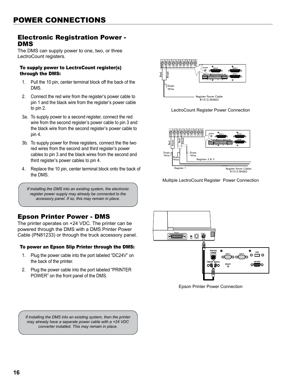 Power connections, Electronic registration power - dms, Epson printer power - dms | Liquid Controls DMS Installation User Manual | Page 16 / 20