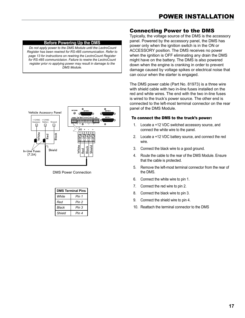 Power installation, Connecting power to the dms | Liquid Controls DMS Installation User Manual | Page 17 / 20