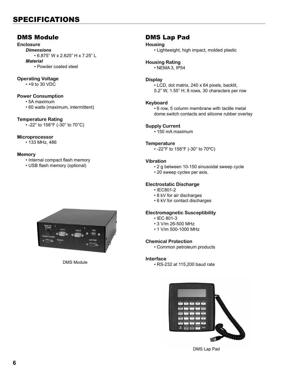 Specifications, Dms module dms lap pad | Liquid Controls DMS Installation User Manual | Page 6 / 20