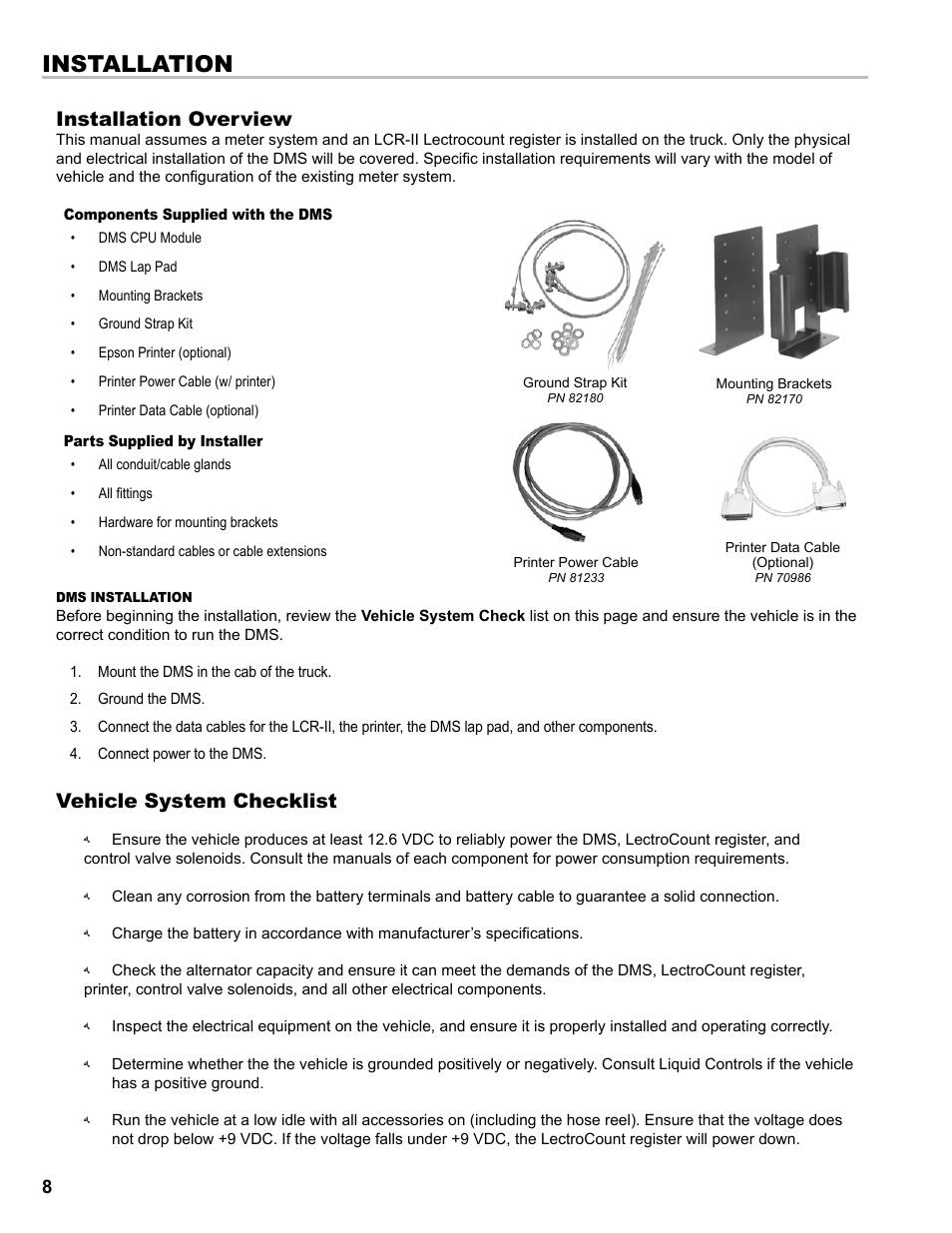 Installation, Installation overview, Vehicle system checklist | Liquid Controls DMS Installation User Manual | Page 8 / 20