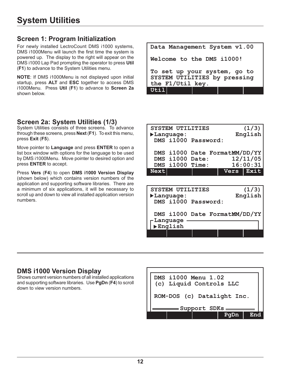 System utilities, Screen 2a: system utilities (1/3) | Liquid Controls DMS Setup User Manual | Page 12 / 84