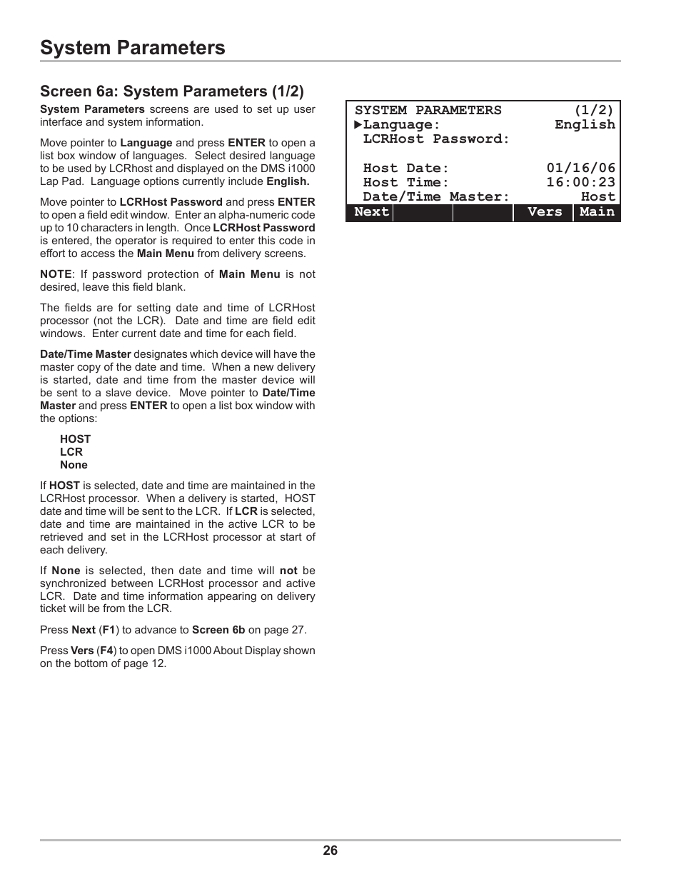 System parameters, Screen 6a: system parameters (1/2) | Liquid Controls DMS Setup User Manual | Page 26 / 84