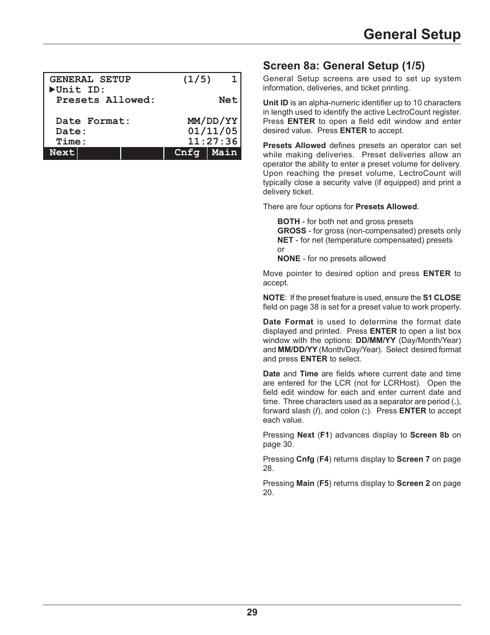 General setup, Screen 8a: general setup (1/5) | Liquid Controls DMS Setup User Manual | Page 29 / 84