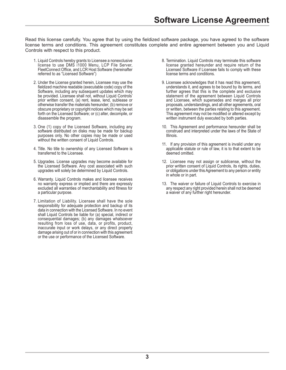 Software license agreement | Liquid Controls DMS Setup User Manual | Page 3 / 84
