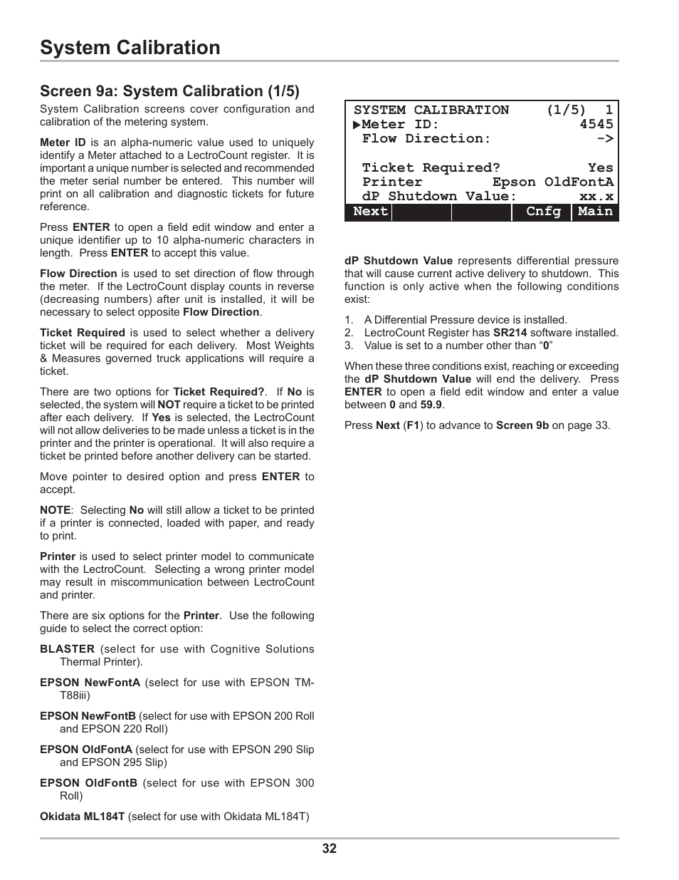 System calibration, Screen 9a: system calibration (1/5) | Liquid Controls DMS Setup User Manual | Page 32 / 84