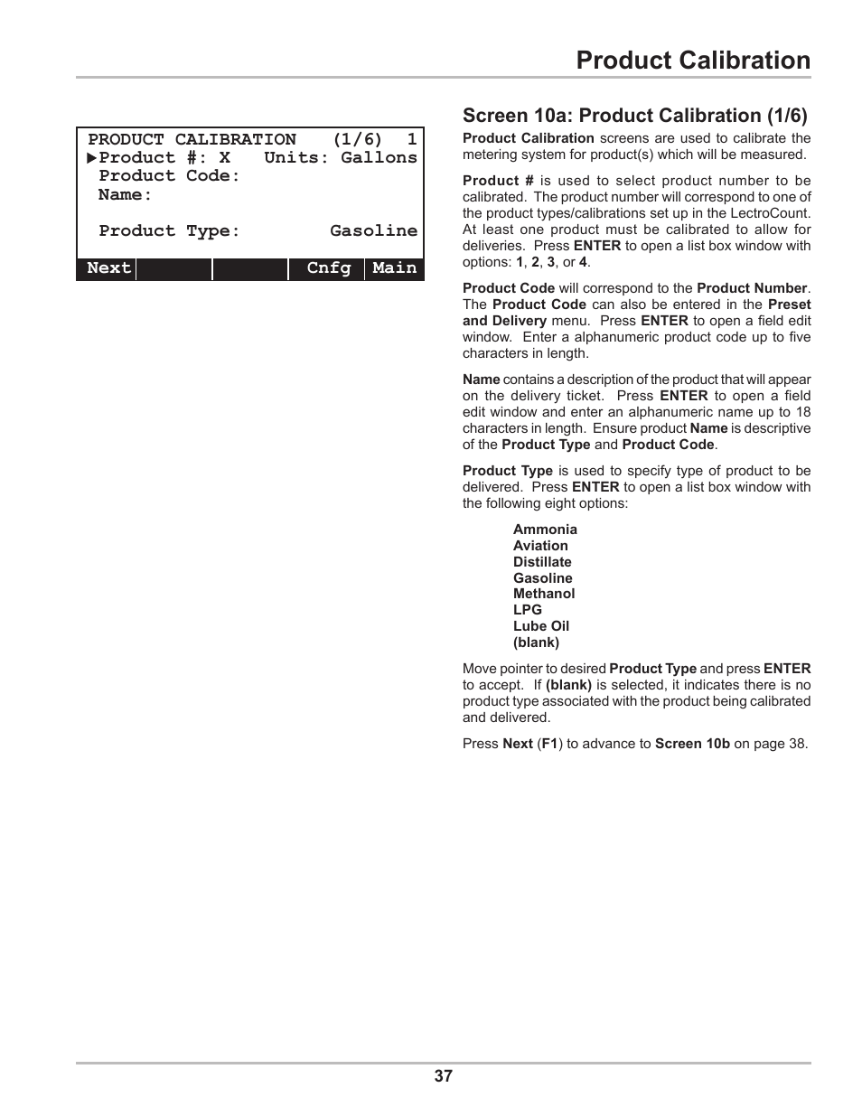 Product calibration, Screen 10a: product calibration (1/6) | Liquid Controls DMS Setup User Manual | Page 37 / 84
