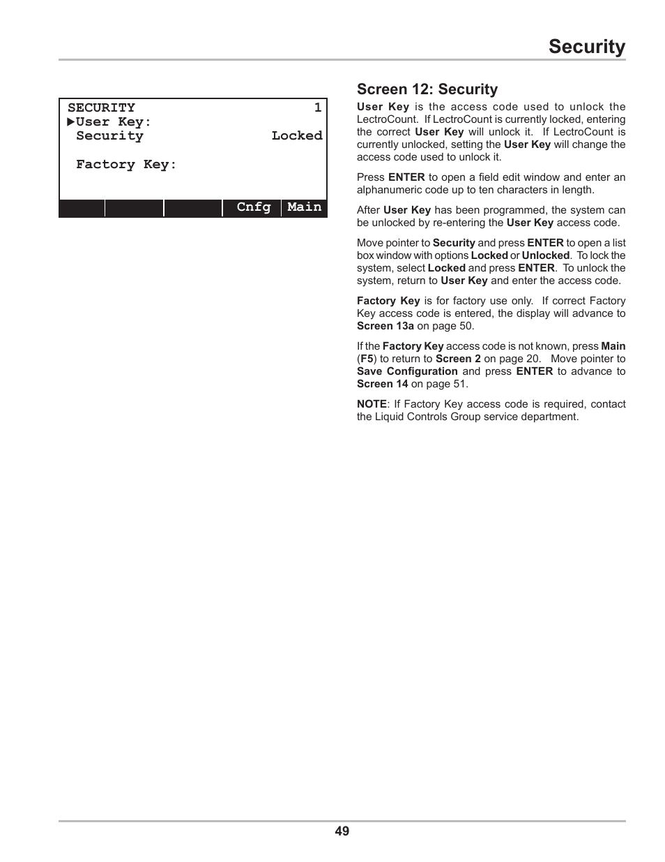 Security, Screen 12: security | Liquid Controls DMS Setup User Manual | Page 49 / 84