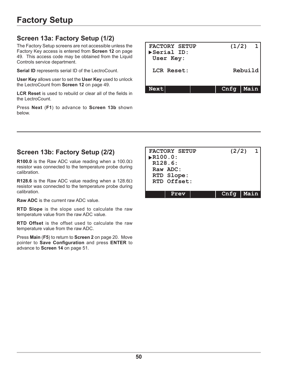 Factory setup, Screen 13a: factory setup (1/2), Screen 13b: factory setup (2/2) | Liquid Controls DMS Setup User Manual | Page 50 / 84