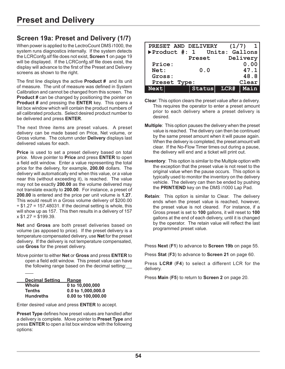 Preset and delivery, Screen 19a: preset and delivery (1/7) | Liquid Controls DMS Setup User Manual | Page 54 / 84